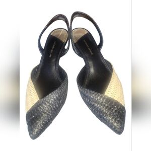 Antonio Melani Women's Raffia Black and Cream Slingback Pointed Toe Kitten Heels